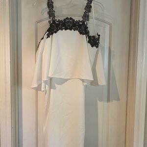 Antonio Melani cream cold shoulder dress with black lace trim